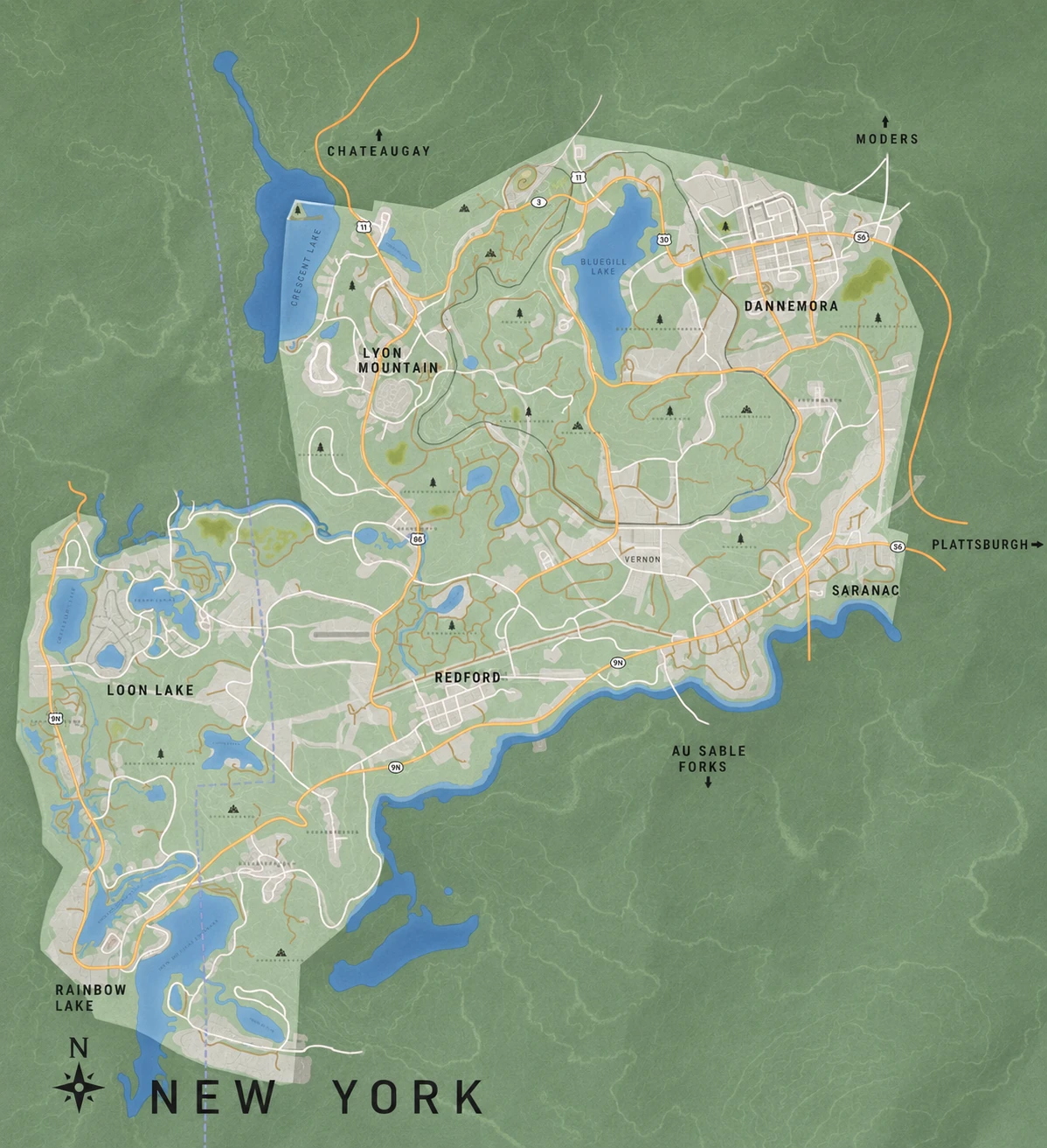 VEIN map of the Champlain Valley showing Dannemora, Lyon Mountain, Redford, and Saranac